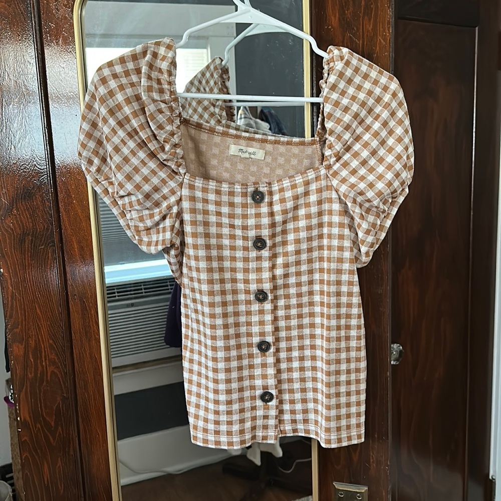 Madewell orange gingham square neck shirt